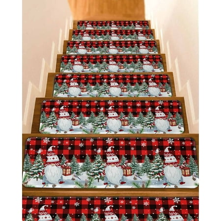 Christmas Gnomes Stair Treads for Wooden Steps Indoor Runner Rug Carpet Red Black Plaid Xmas Tree Snowflake 15 Pieces Peel and Stick Staircase Step Treads Covers Washable Throw Door Mats 30 x8