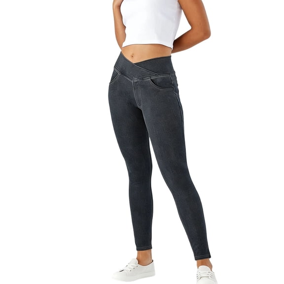 Ecqkame Stretchy Jeans for Women Trendy High Waist Pull On Slim Fit Jeggings Tummy Control Skinny Jeans Pants with Pockets Dark Gray S
