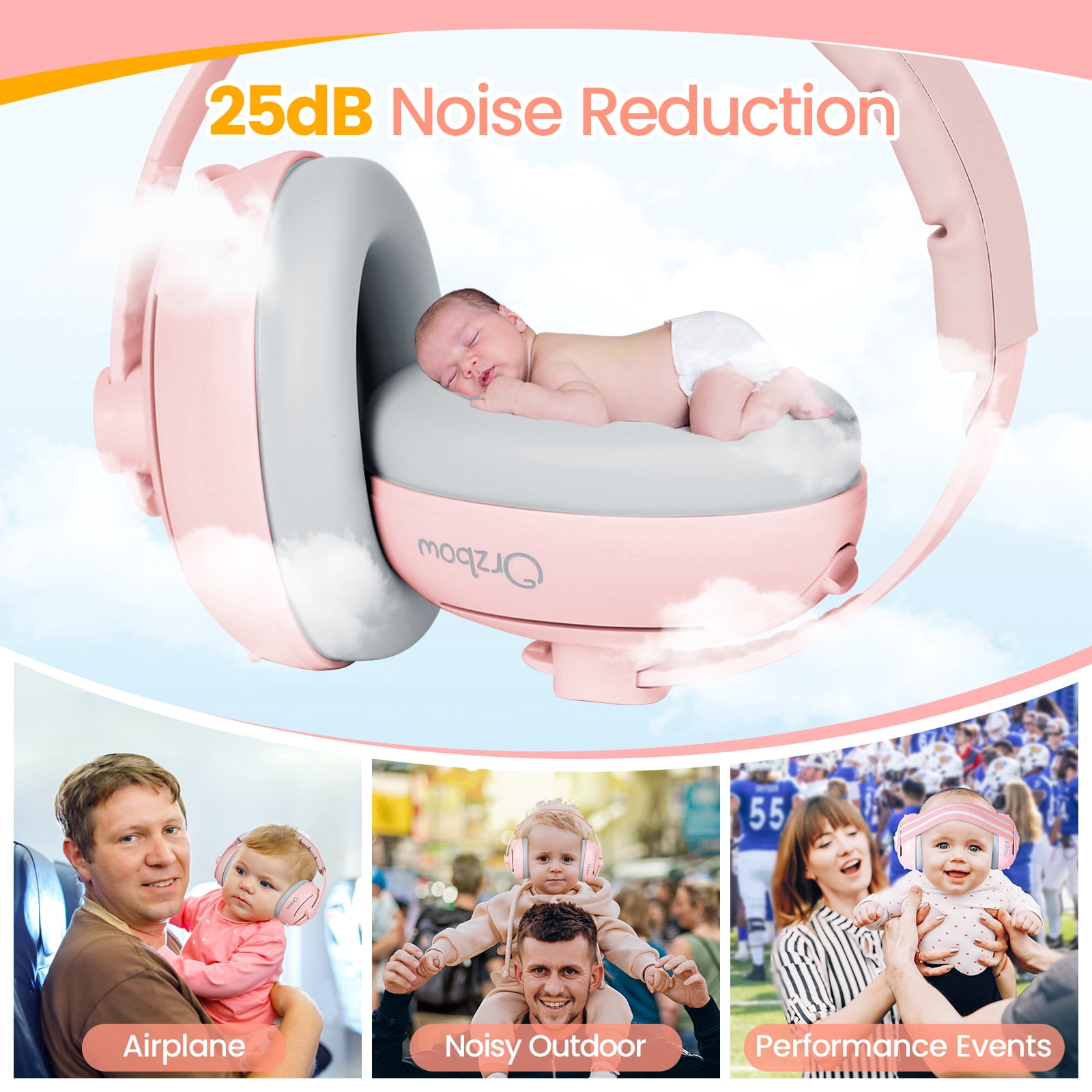 Orzbow Baby Noise Cancelling Headphones with Cute Bear Design for Babies Infant up to 48 Months, Ear Muffs Noise Protection with Non-Slip Band for Airplane Travel Sleep, Pink Bear