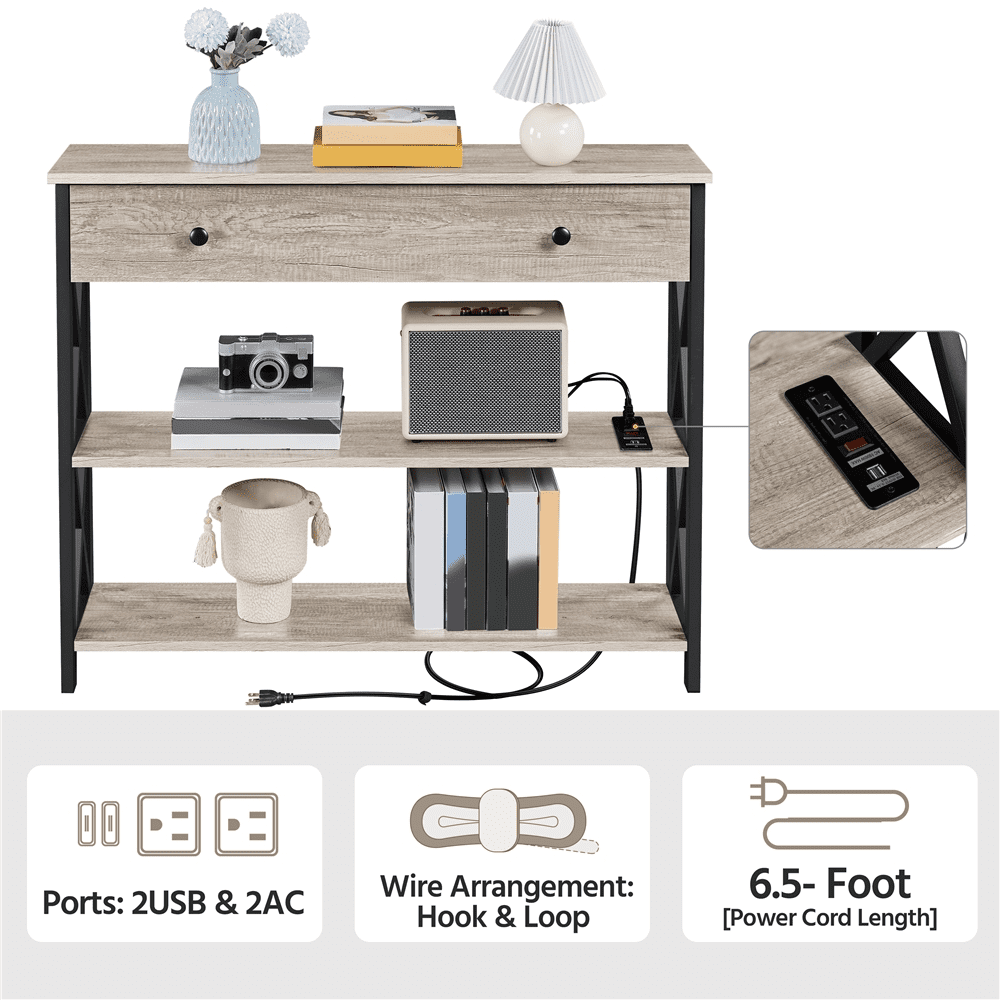 Alden Design Vintage Wooden Console Table with Power Outlet & 1 Drawer for Entryway, Gray