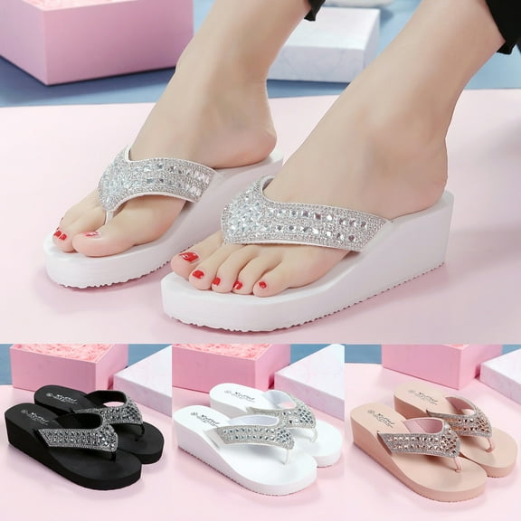 Jacenvly 2024 New Summer Slippers Fashion Rhinestones Wedges Flip Flops Women's Casual Beach Shoes Black Sandals for Women