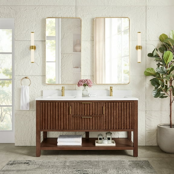 Vitre 60" Double Bath Vanity in Aged Dark Brown Oak with Composite Stone Top