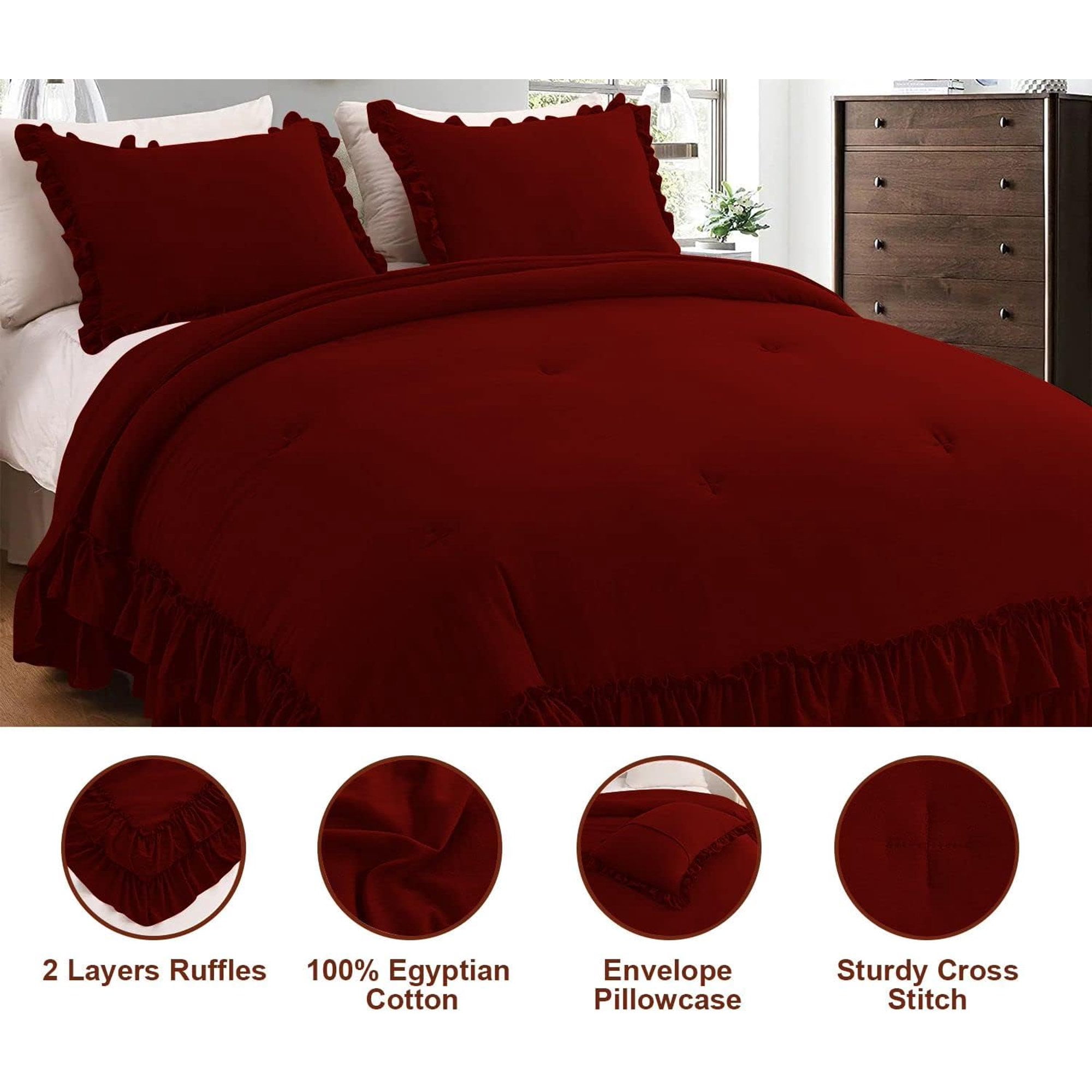 5 Piece Luxury 5 Inch Two Layer Ruffle Comforter 550 GSM All Season (Oversized Queen Size) Premium Super Soft - 800 TC, 100% Egyptian Cotton- Solid Burgundy Colour