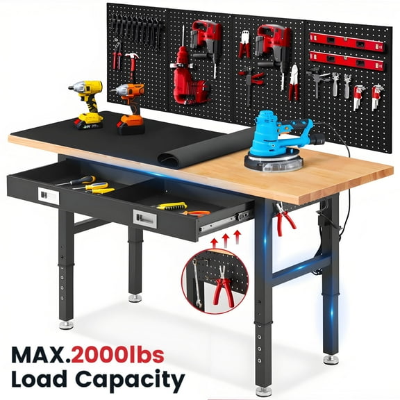 Workbench for Garage,ENJOYWOOD Heavy Duty 60 inch Wood Work Bench with Drawer and Storage Pegboards,Rubber Wood Tabletop,2000 LBS Load Bearing Workstation Garage Desk Table Worktable