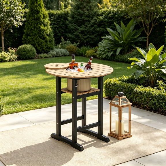 OTSUN Outdoor Adirondack Bar Table with Built-in Ice Bucket, 32“ Height Patio Large Pub Table for 4, All Weather Counter Height Table with Built-in Footrest for Outside Deck Porch Balcony Poolside