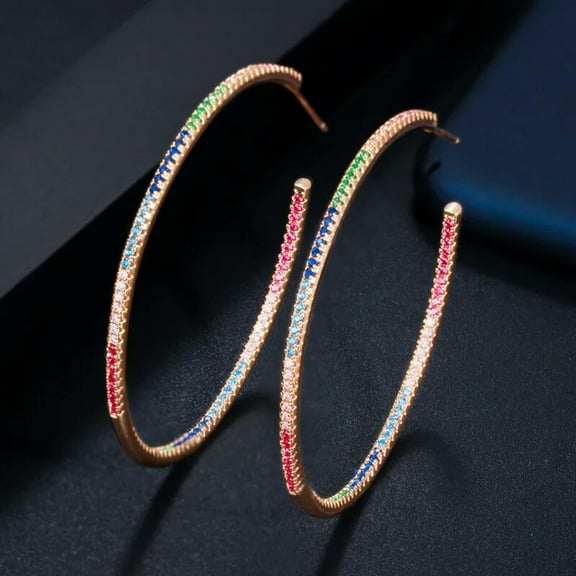 Thin Round Multi Color Cubic Zirconia Ladies Large Gold Hoop Earrings