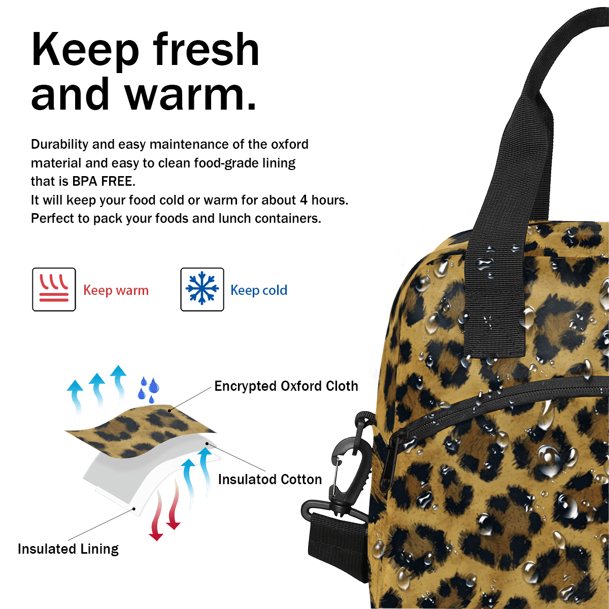 Herdesigns Leopard Insulated Lunch Bag for Women Men Adults Large Reusable Lunch Box Cheetah Print Leakproof Cooler Tote Bags with Adjustable Shoulder Strap