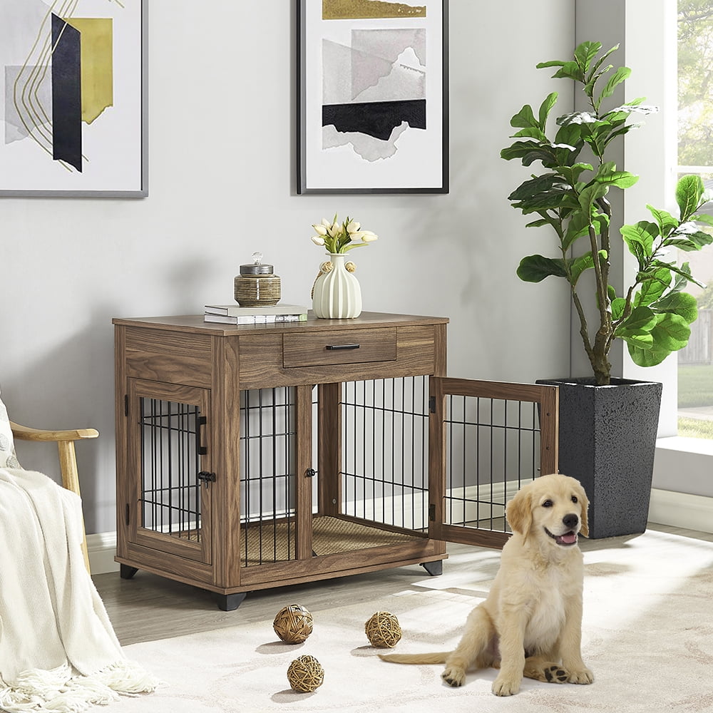 Unipaws Dog Crate Furniture with Drawer, Metal Mesh Dog Kennels with