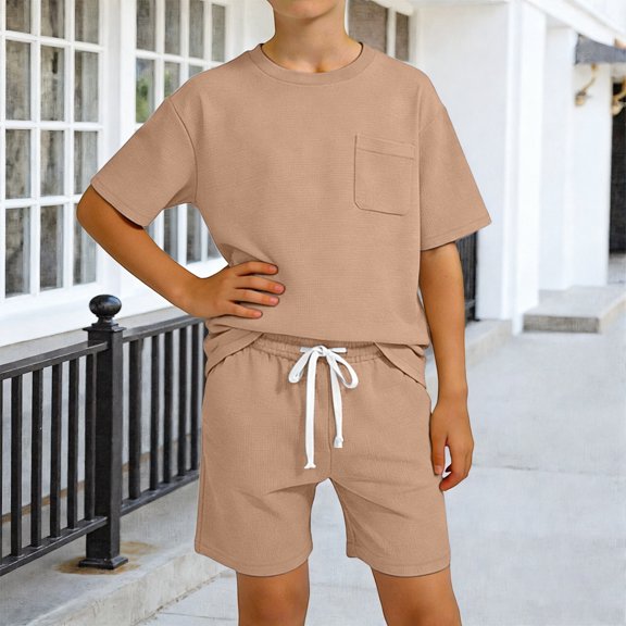 Boys Casual Outfit Classic Stylish Shorts and Short Sleeves Sets Regular Fit Loose Summer Clothes for Kids Khaki Size 4-5 Years