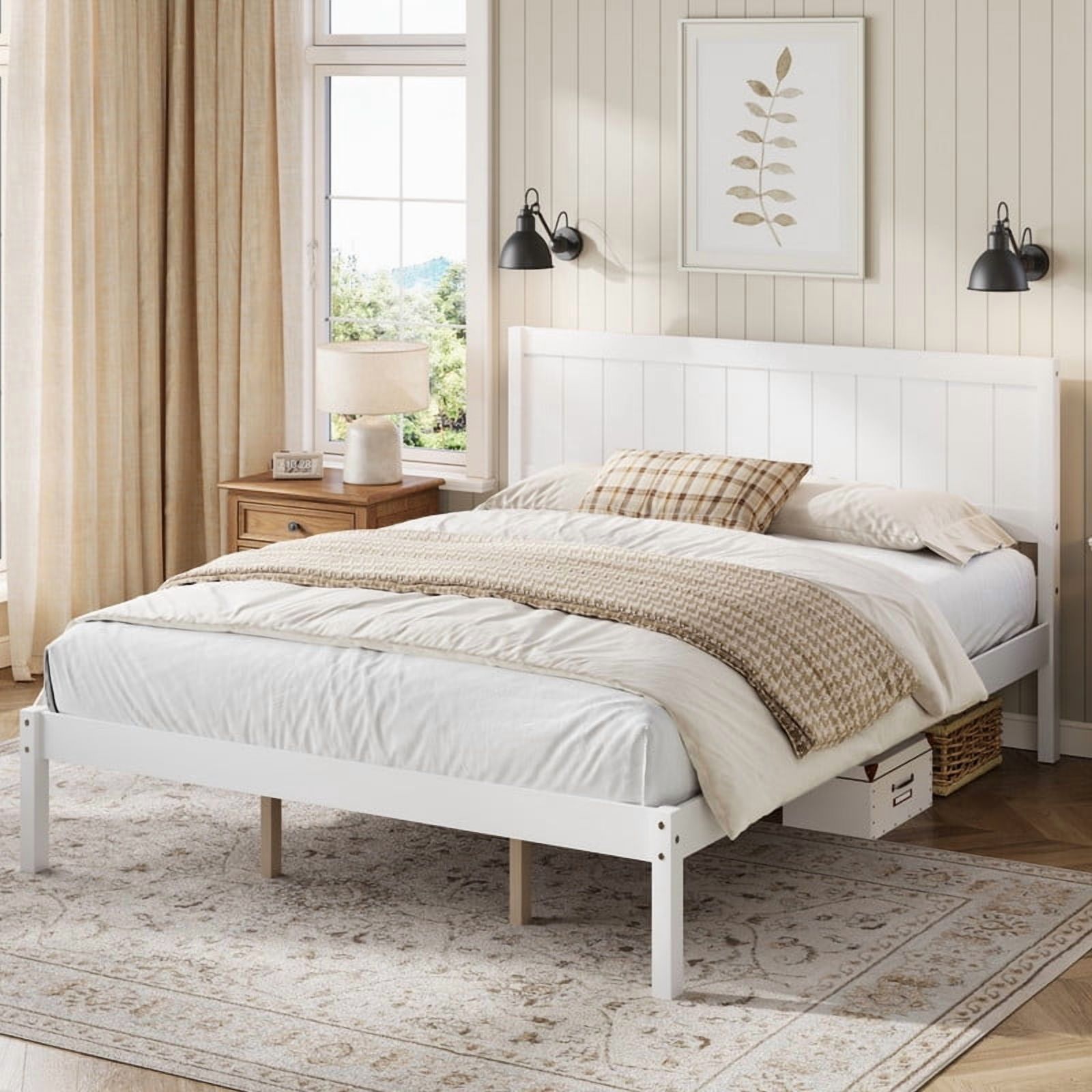 No Box Spring Needed King Size Wooden Bed, Minimalist Style Platform Bed Frame with Headboard & Slats Support