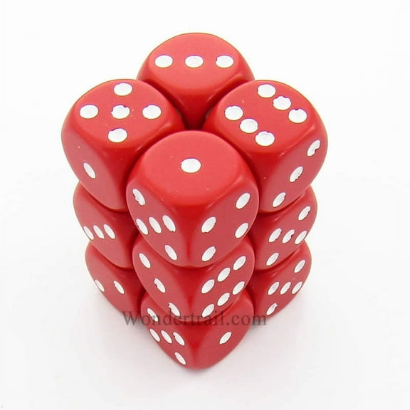 Red Opaque D6 Dice with White Pips 16mm (5/8in) Pack of 12 Dice Chessex