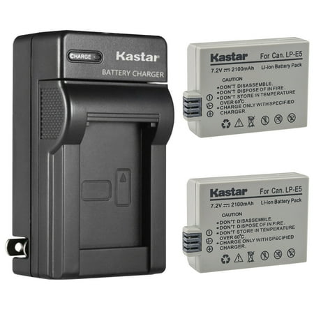 Kastar 2-Pack Battery and AC Wall Charger Replacement for Canon LP-E5 LPE5 Battery Canon LC-E5 LC-E5C LC-E5E Charger Canon EOS 500D EOS 1000D EOS Kiss F EOS Kiss X2 EOS Kiss X3 Cameras