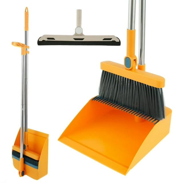 OUSITAID 3Pcs Floor Sweeping Set with Long Handle 180°Rotating Floor Broom Squeegee Dustpan Set Foldable Stand Dustpan and Broom Combo with Comb Teeth Portable Squeegee Broom