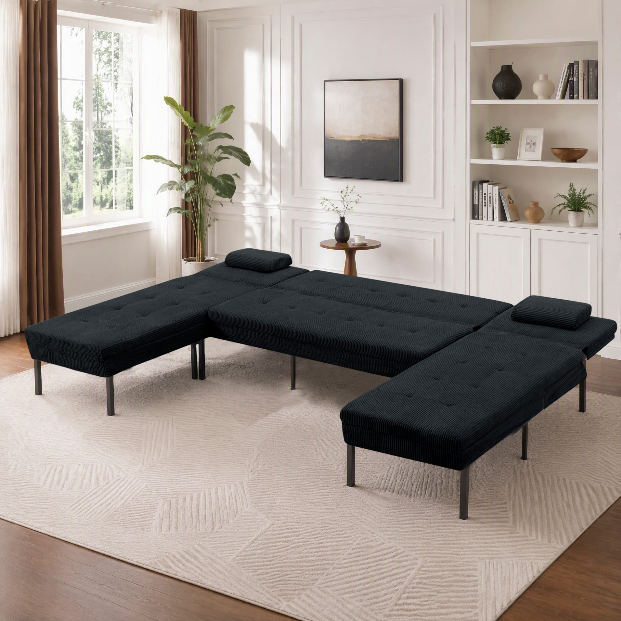 BSHTI 117.13" Soft Corduroy U-Shaped Sectional Sofa Bed with 5-Position Backrest, Comfy Couch for Living Room（Black）