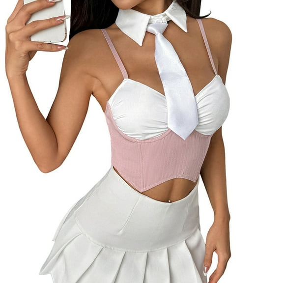 Women'S Striped Two-Piece Set, Including A Fake Collar Herringbone Top and A Mini Skirt Set Pink L