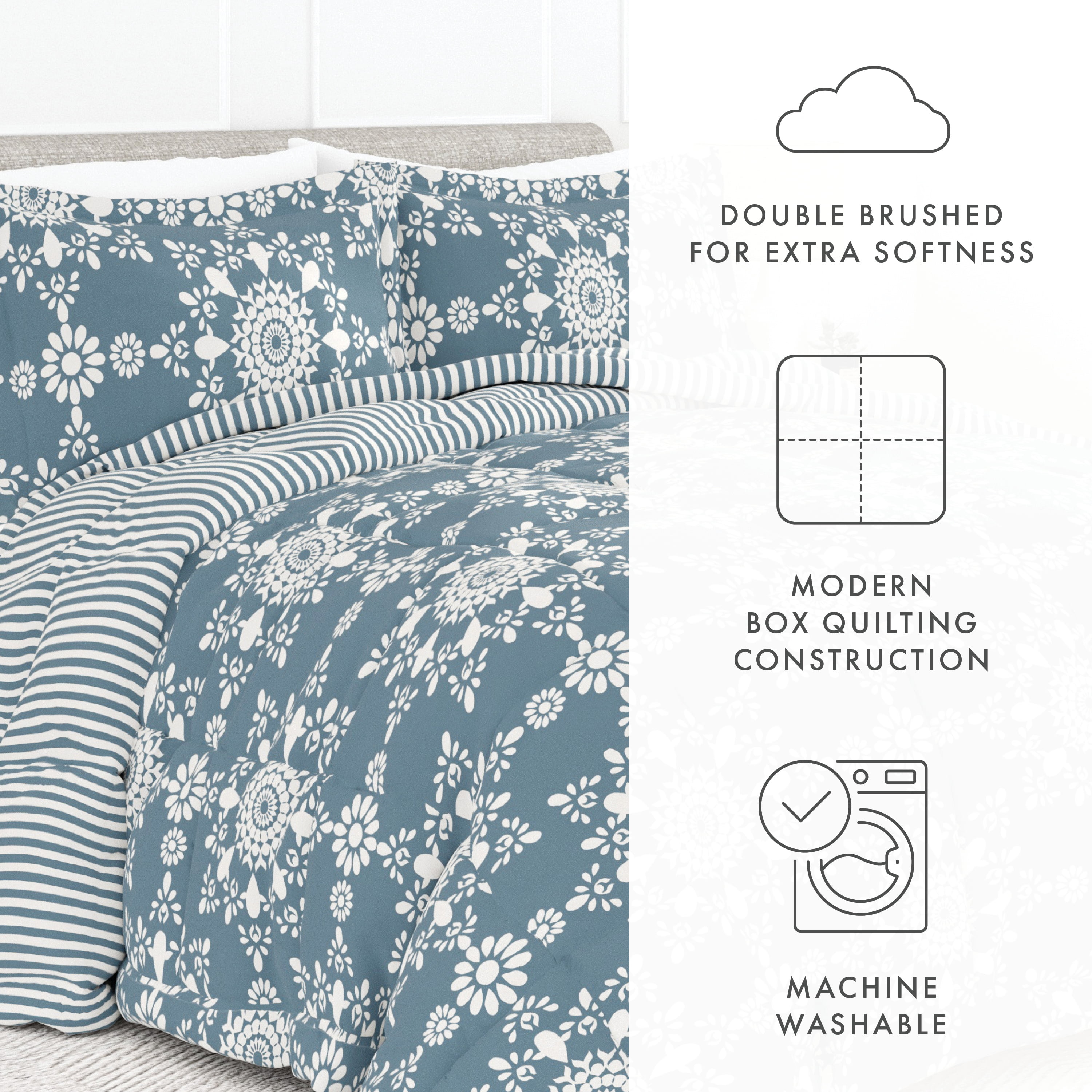 Noble Linens 3-Piece Light Blue Daisy Medallion Reversible Print Comforter Set, Full/Queen
