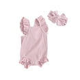 thumbnail image 2 of Yunliwuli Baby Girls Summer Casual Romper Flying Sleeve Solid Color Ruffle Romper with Headband, 2 of 10