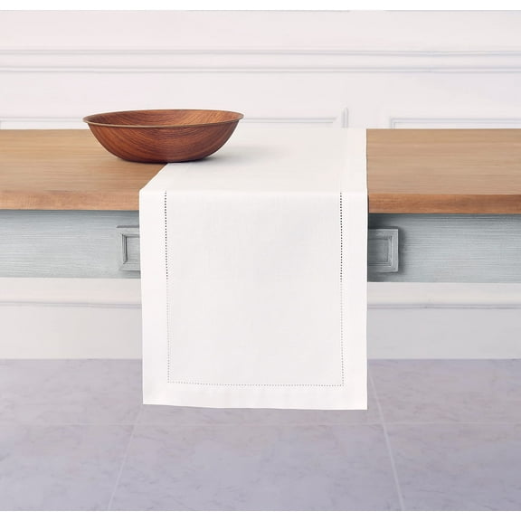 Solino Home White Table Runner 108 Inches Long - Cotton Linen Hemstitch 14 x 108 Inch Table Runner for Dining, Winter, Mothers Day, Spring, Easter