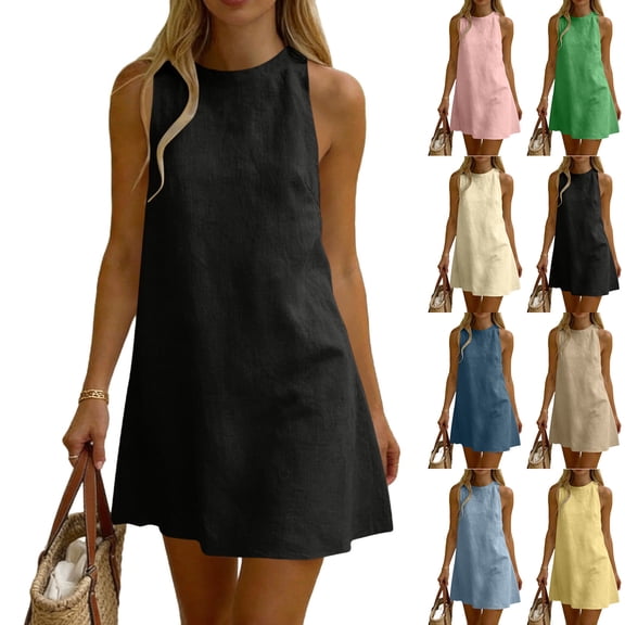 Horkkom Sleeveless Dress for Women Summer Tank Mini Linen Dress Casual Loose Beach Sundresses L