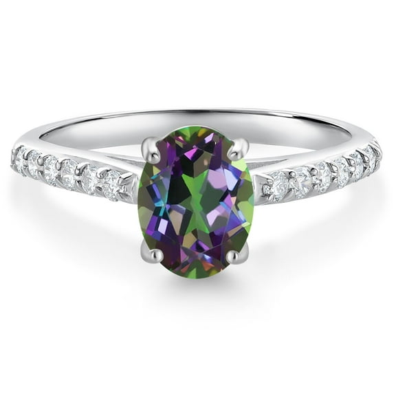 Gem Stone King 10K White Gold Green Mystic Topaz and White Lab Grown Diamond Engagement Ring for Women | 1.76 Cttw | Oval 8X6MM | Wedding Engagement Anniversary Promise Ring for Women | Size 8