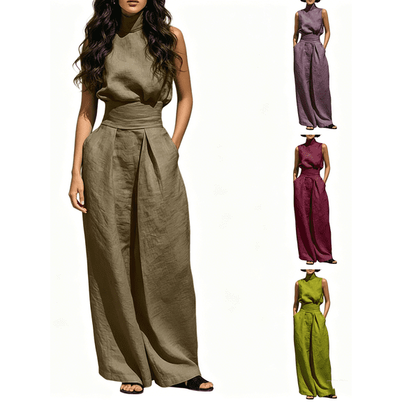 Zynoxe Womens Cotton Linen Sets Summer Elegant Tummy Control Tank Top and Wide Leg Pants Lounge Outfits Loose Peasant Gauze Vacation Matching SetsArmy GreenS