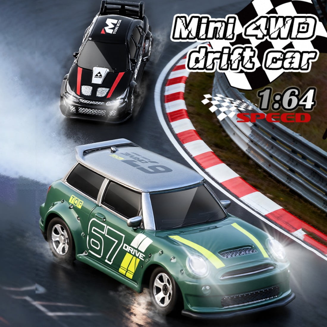 KF33 1:64 Scale Mini RC Drift Car, 4WD Remote Control Car with Gun-Style Controller & Roadblocks, 2.4GHz RC Drift Racing Toy for Hobbyist