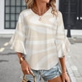 thumbnail image 3 of Beige Abstract Wavy Pattern Design Women's V-Neck Blouse With 3/4 Ruffled Bell Sleeves Casual Top Ladies Blouses, 3 of 7