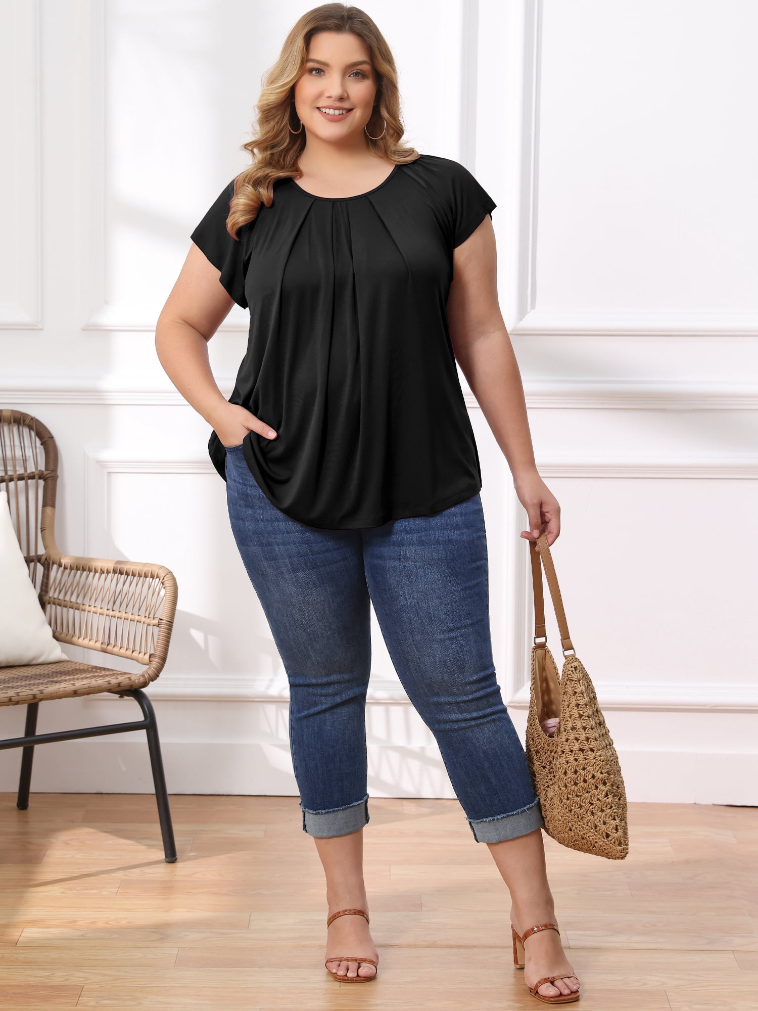 DARING DIVA Women's Plus Soft Blouse Pleated Ruffle Sleeve Round Neck Loose Tops 2X Black