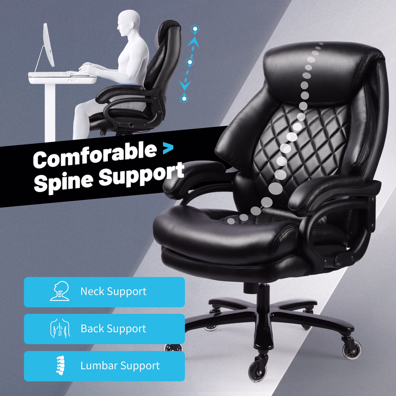 Qusaphy 800LBS Big and Tall Executive Office Chair, PU Leather Ergonomic Desk Chair with Adjustable Backrest and Thick Padded Cushion, Heavy Duty Chair for Home or Office Black