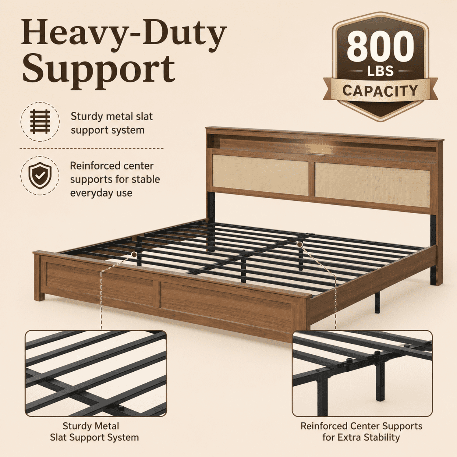 Miniyam King Bed Frame with Storage Headboard, LED Light and Charging Station, Cane-Inspired Platform Bed, Brown