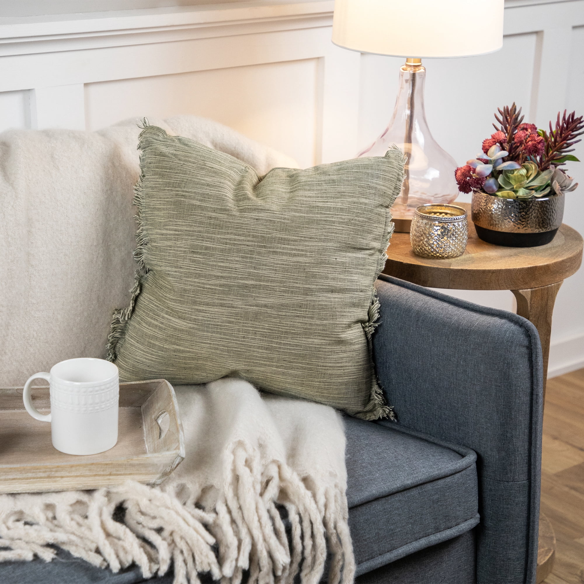 Northlight Square Throw Pillow with Fringe - 15" - Sage Green