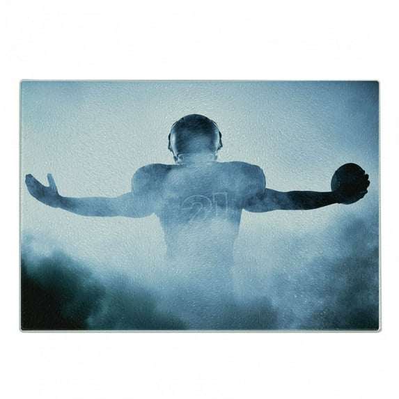 Sport Cutting Board, Heroic Shaped Rugby Player Silhouette Shadow Standing in Fog Playground Global Sports Photo, Decorative Tempered Glass Cutting and Serving Board, Small Size, Blue, by Ambesonne