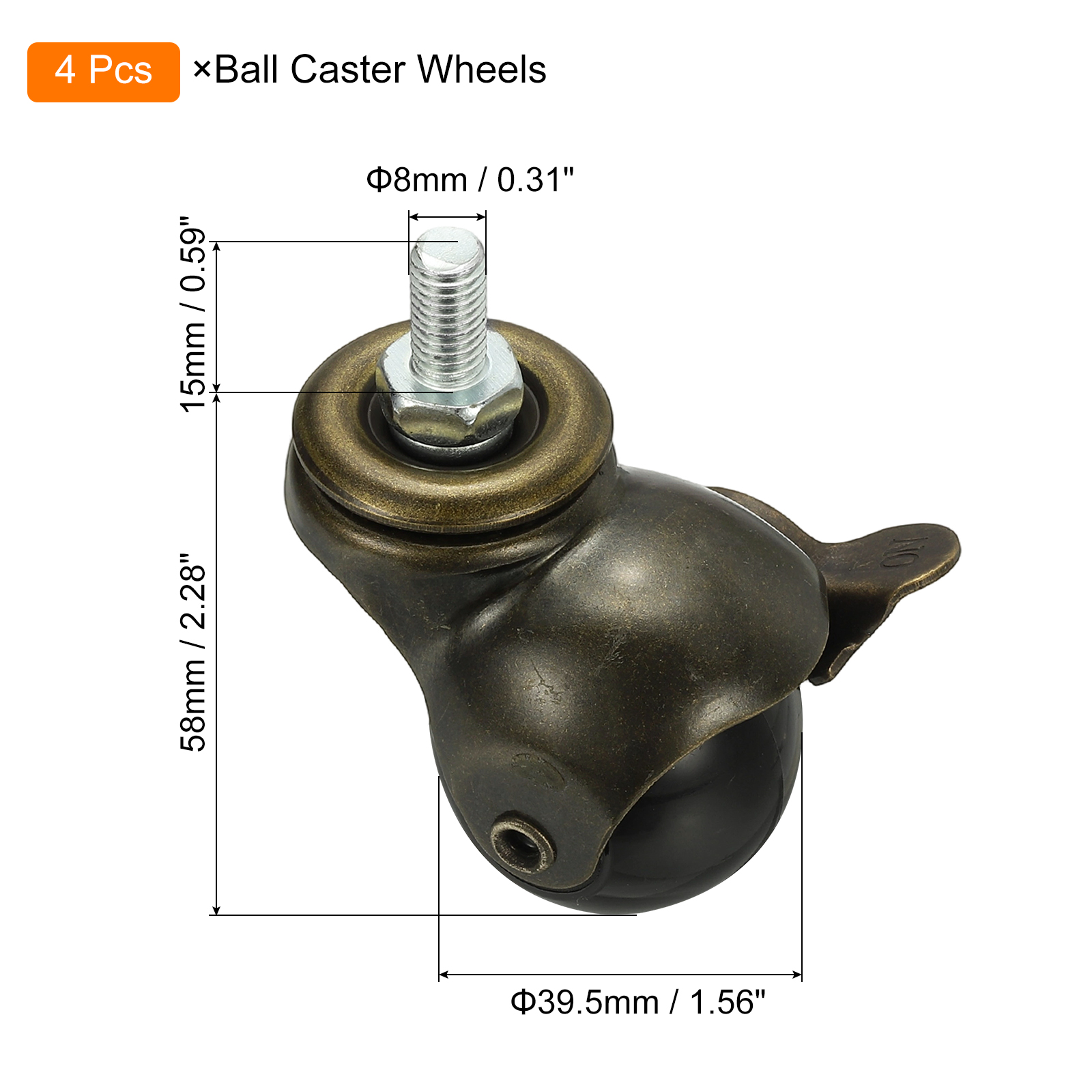 Uxcell 1.5" Ball Caster Wheels, 4 Pcs Threaded Stem Caster 360 Degree Rotatable Caster Wheels Brake for Furniture,bronze