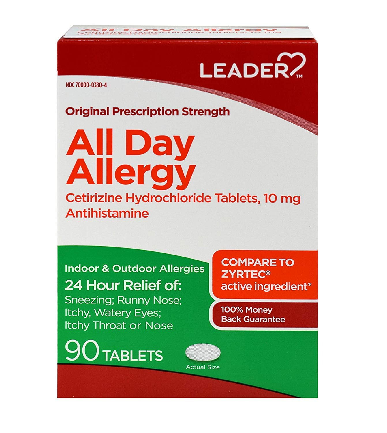 Leader 24 Hour All Day Allergy Relief, Cetirizine HCL Tablets, 10 mg, 90 Count