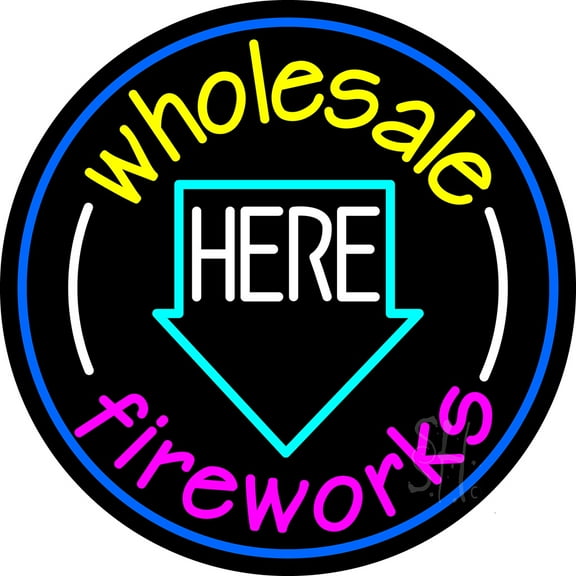 Wholesale Fireworks Here 2 LED Neon Sign 18 x 18 - inches, Clear Edge Cut Acrylic Backing, with Dimmer - Bright and Premium built indoor LED Neon Sign for special occasion decor.