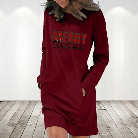 

Yohome Women s Casual Solid Color Long Sleeve Round Neck Pocket Dress Merry