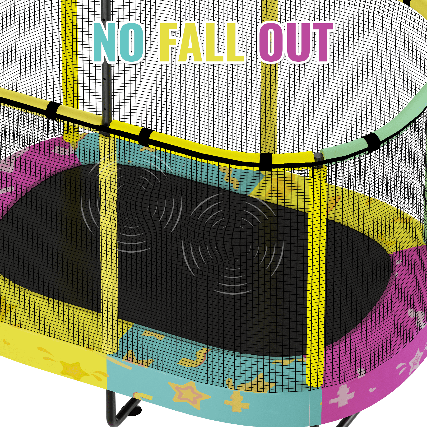 MOOSENG Elliptic Kids Trampoline, Bouncing Trampoline with Safety Enclosure Net, Adjustable Height Handrail, 500lbs Capacity, Designs for Boys & Girls, 7-in-1, 55” (Colorful Star）