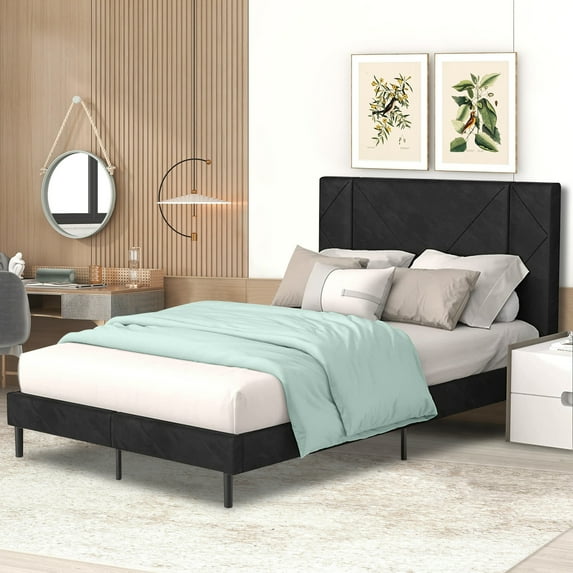 uhomepro Queen Bed Frame for Adults Kids, Modern Black Velvet Upholstered Platform Bed Frame with Headboard, Queen Size Bed Frame Bedroom Furniture with Wood Slats Support, No Box Spring Needed