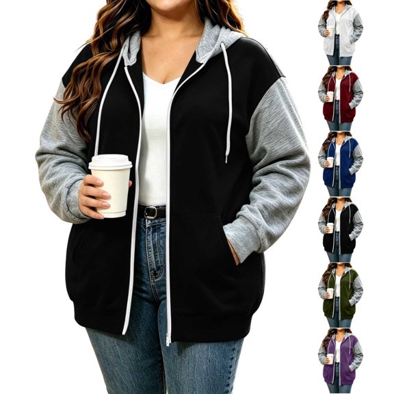 Women's Color Block Zip Up Hoodie Jacket Plus Size Casual Long Sleeve Sweatshirt with Side Pockets for Fall Winter