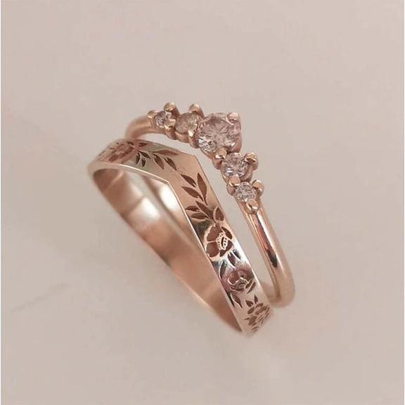 Zzbeans Vintage Floral Wedding Ring Set, Elegant Diamond Anniversary Band Pair, Her Wedding Engagement Ring, Alloy Jewelry for Women Gift, Rose Gold