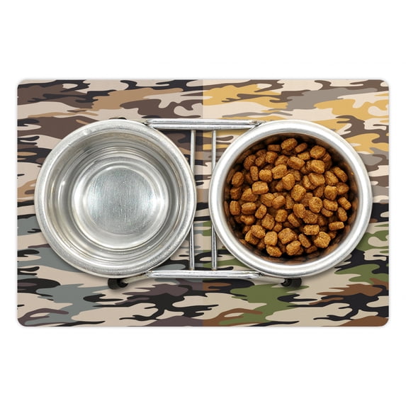 Camo Pet Mat for Food and Water, Camouflage Patterns in 4 Different Colors Going Undercover Combination Illustration, Non-Slip Rubber Mat for Dogs and Cats, 18" X 12", by Ambesonne