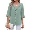 thumbnail image 4 of TEMOFON Women Summer Blouses Plus Size Dressy Casual Ruffle V Neck Tops Comfy Loose Fit 3/4 Sleeve Solid Color Chiffon Shirts, 4 of 5