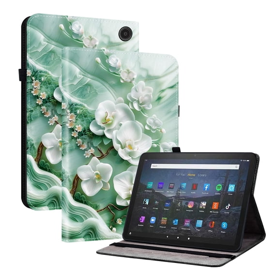 For Fire Max 11 Tablet (11", 13th Gen) Folio Case with Stand/Card Slots/Elastic Band Closure/Pen Loop Holder, Stylish Cute Cartoon PU Leather Protective Lightweight Slim Flip Cover, Magnolia