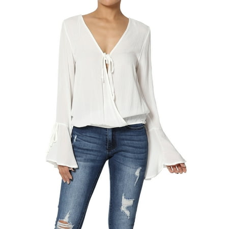 - TheMogan Junior's Bell Sleeve Surplice V-Neck Wrap Elastic Waist Blouson Blouse