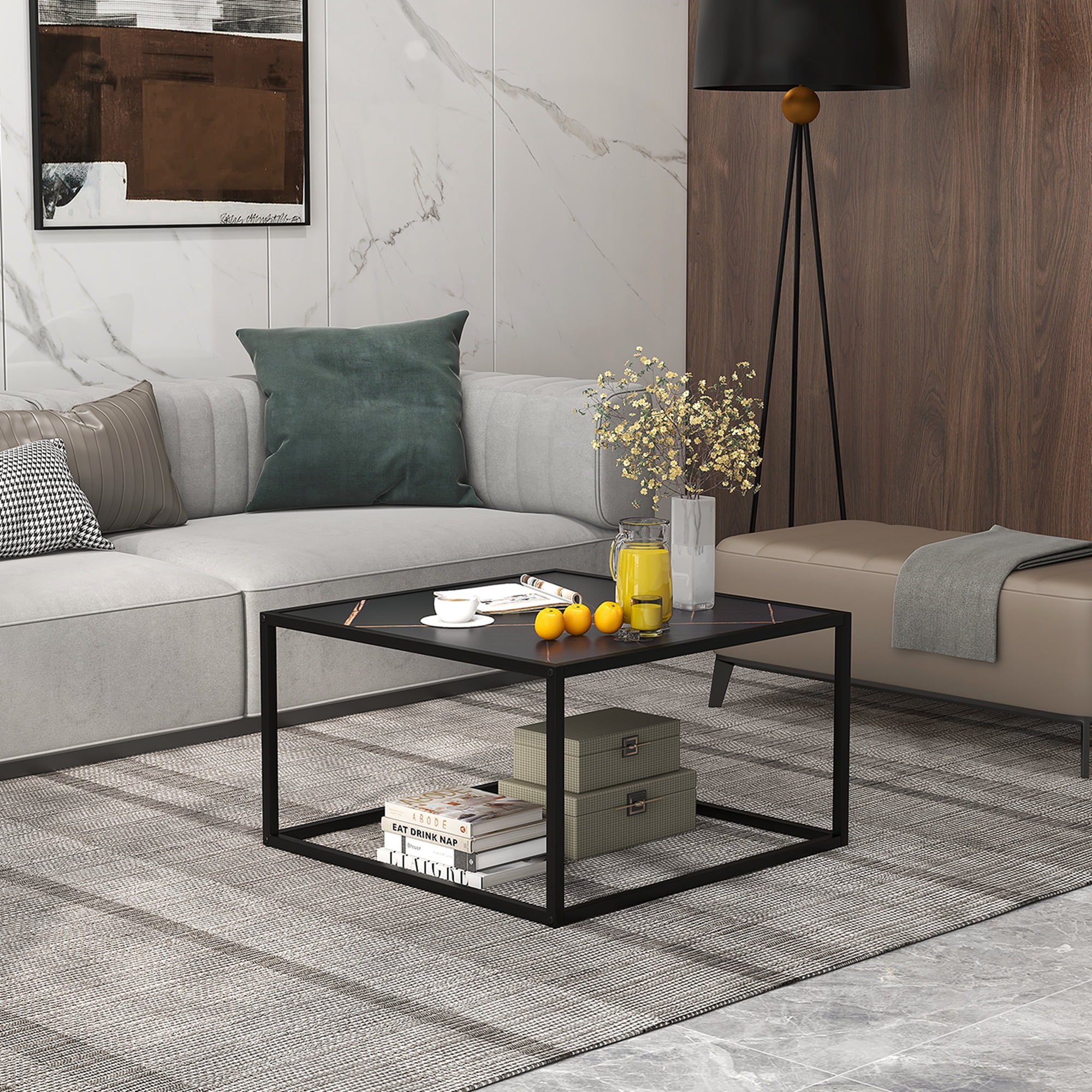 Costway Coffee Table Modern Rectangular Coffee Table Metal Frame For Living Room Black