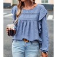thumbnail image 3 of SWSMCLT Women's Long Sleeve Top Chiffon Cute Shirt Ruffle Loose Soft Crew Neck Summer Lantern Sleeve Blouses Blue X-Large, 3 of 5
