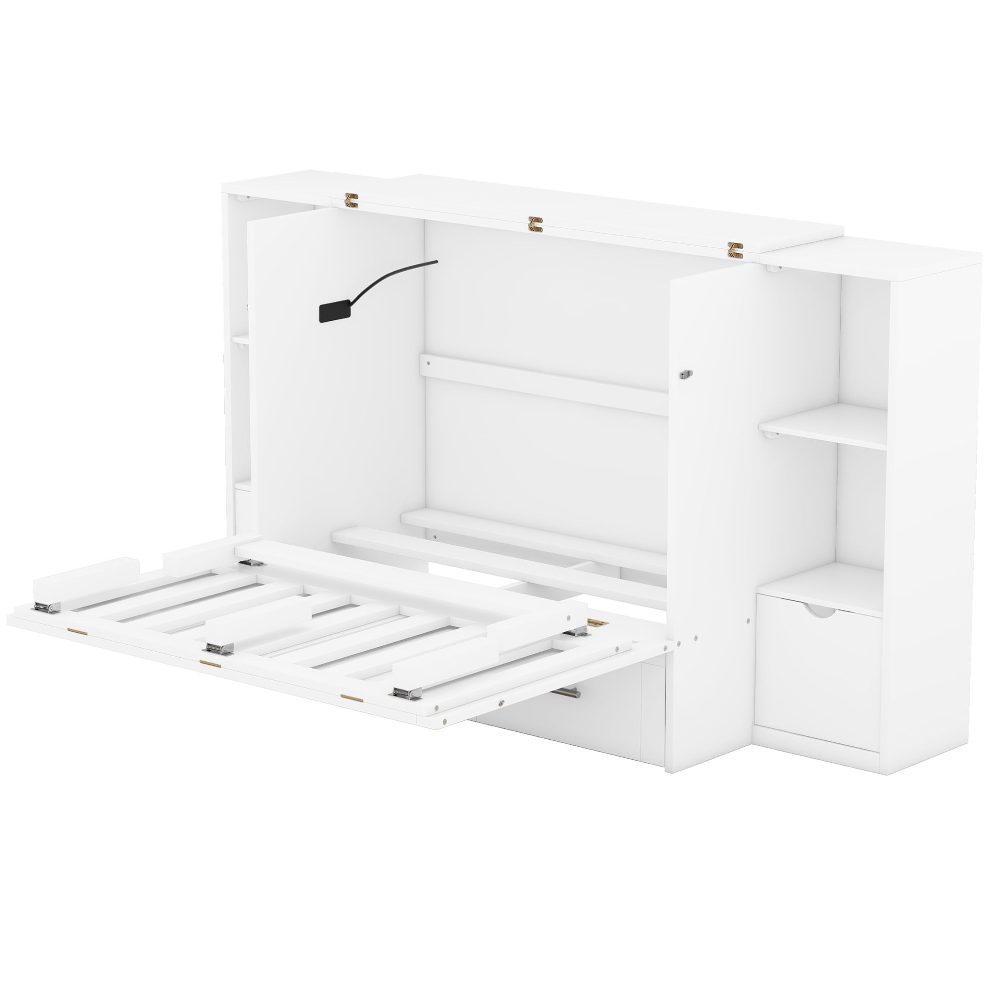 Mintazer Queen Size Murphy Bed with Side Shelves & USB Ports, Modern Foldable Wall Bed with Drawers for Bedroom Apartment Guest Room, White