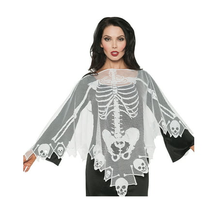 Skeleton Print Lace Poncho White Gothic Halloween Costume Serape-Os