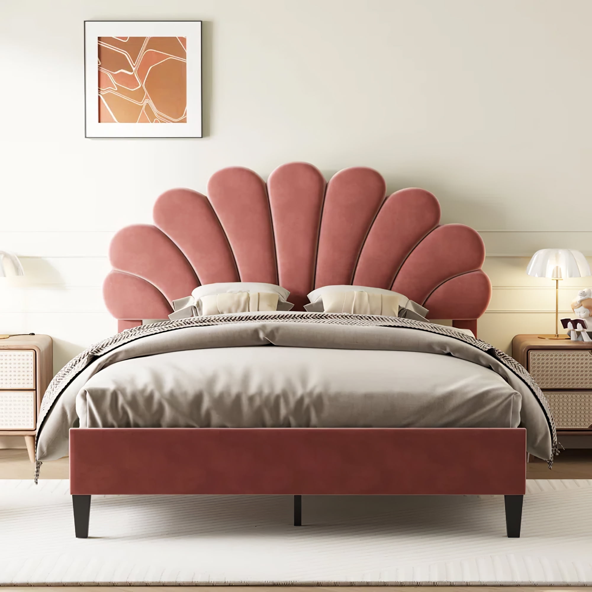 Aukfa Queen Bed Frame with Flower Upholstered Headboard, Wood Slats Support, Bean Red