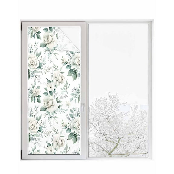 Window Privacy Film White Spring Floral Stained Glass Window Film Decorative Sun Block Window Cover Pastoral Flowers Watercolor Window Clings Static Adhesive Sticker for Bathroom 23.6"x59"